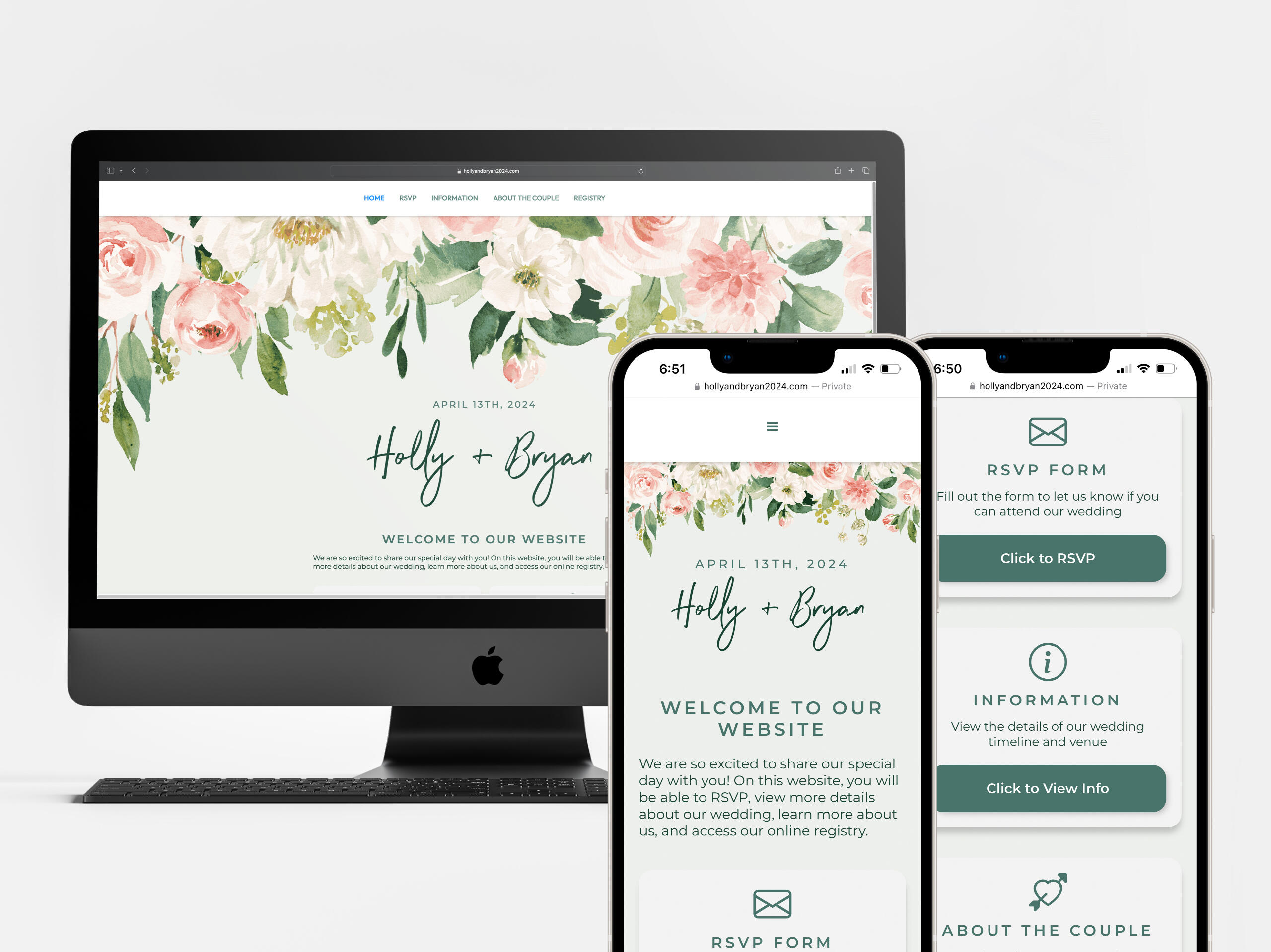 Computer and phone showing a floral-themed wedding website design