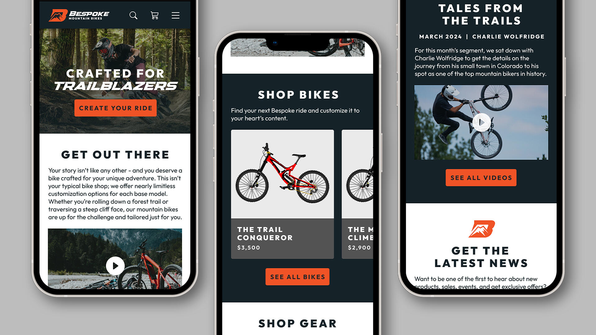 Phones showing the website homepage for Bespoke Mountain Bikes, featuring images of people on bikes, info about the brand, and more