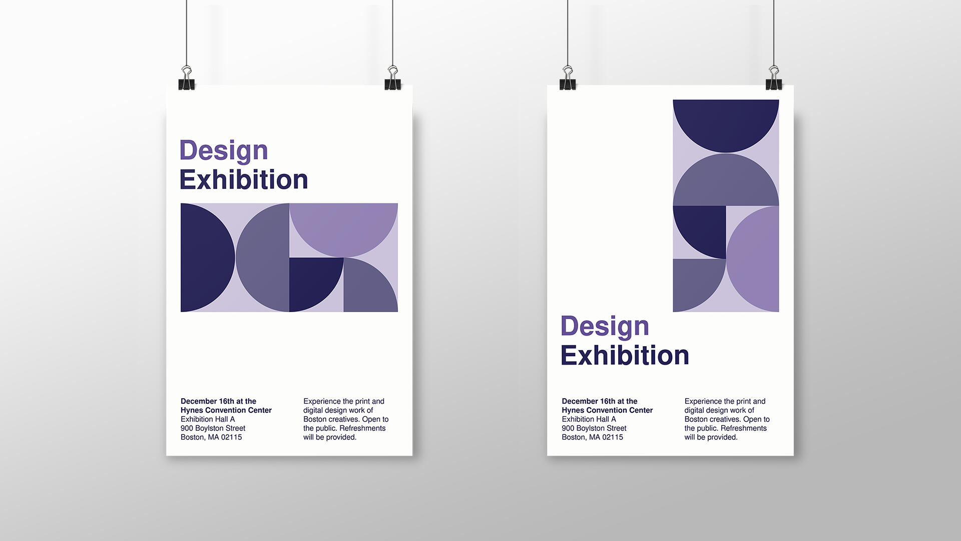 Two posters designed in the Swiss style. Sans serif typefaces and abstract shapes that are various tints and shades of purple are on each