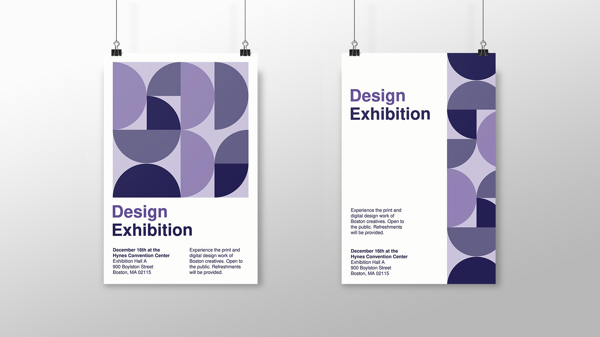 Two posters designed in the Swiss style. Sans serif typefaces and abstract shapes that are various tints and shades of purple are on each