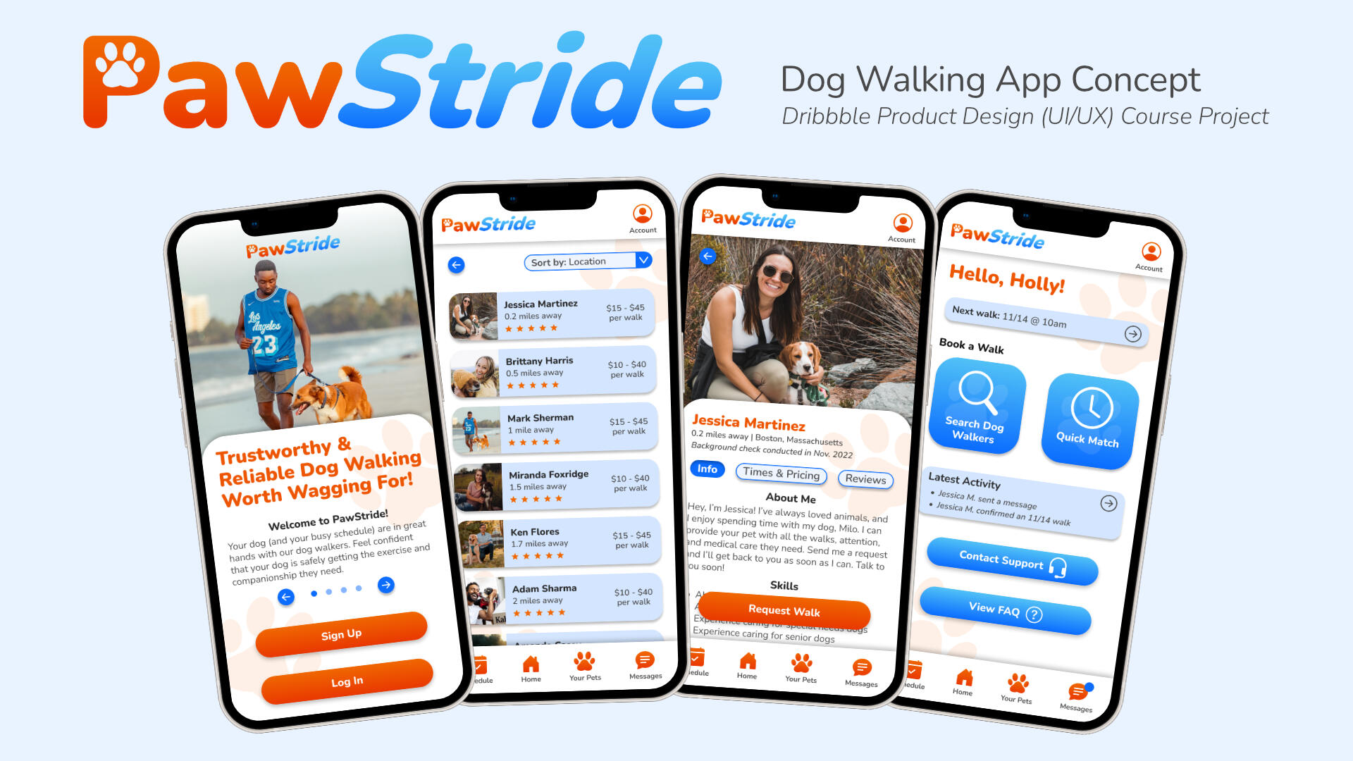 A collection of screens from the PawStride app, as well as the logo. Text mentions this was part of the Dribbble product design course