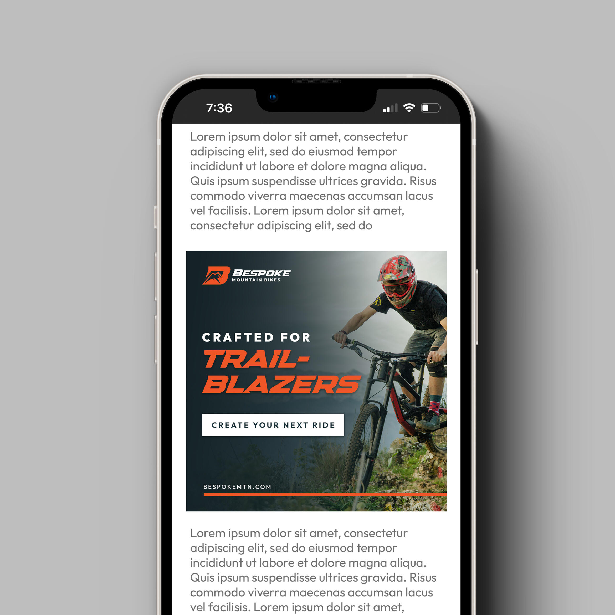 A digital advertisement (shown on a phone) for Bespoke Mountain Bikes featuring text that says, “Crafted for trailblazers. Create Your Next Ride.” Features a mountain biker riding a bike.