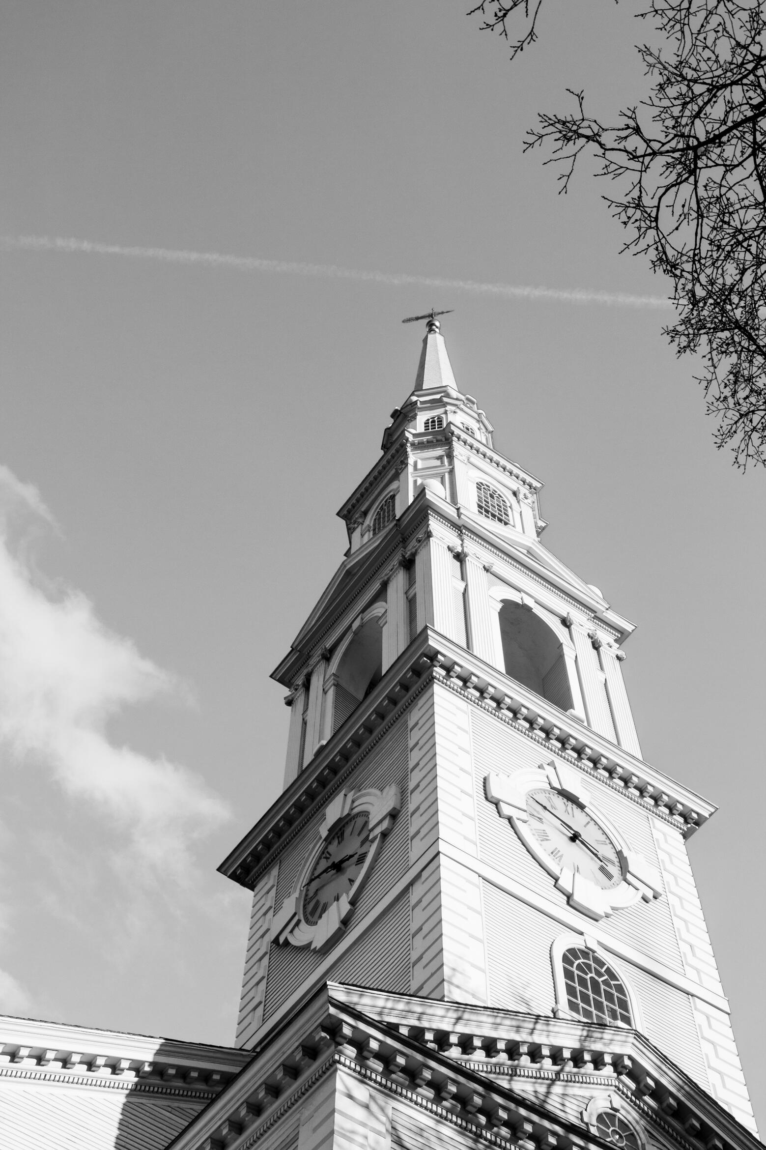 A black and white photo of a church steeple in Providence