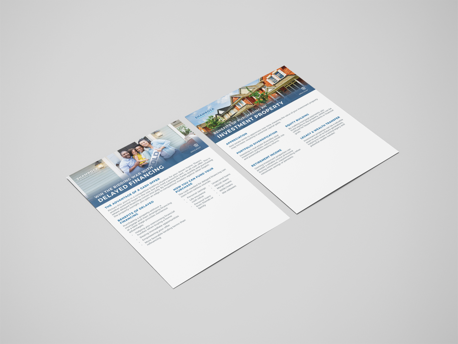 Mockup of two flyers designs, one featuring delayed financing and one featuring the advantages of buying an investment property