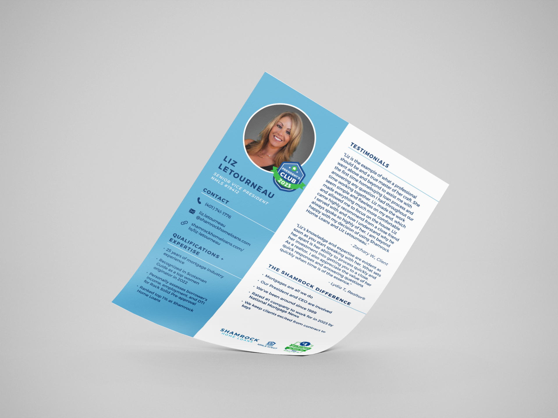 Mockup of a loan officer biography flyer design. This one is styled like a two-column resume