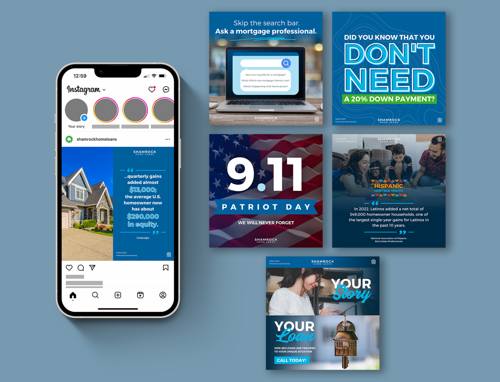 A picture of several different social media posts I designed for Shamrock Home Loans. Five of them lay next to a phone, which displays an additional post on Instagram.