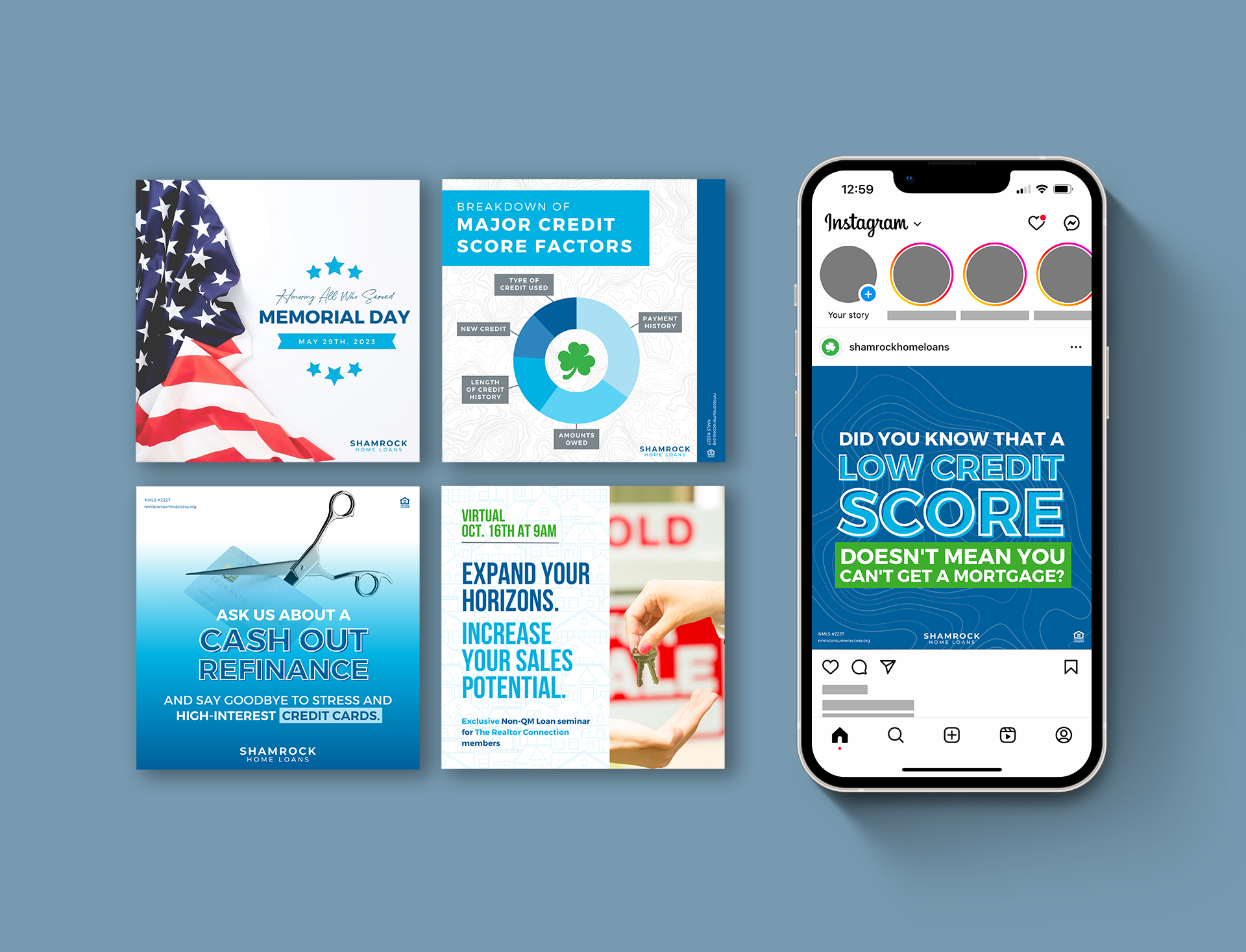 A picture of several different social media posts I designed for Shamrock Home Loans. Five of them lay next to a phone, which displays an additional post on Instagram.