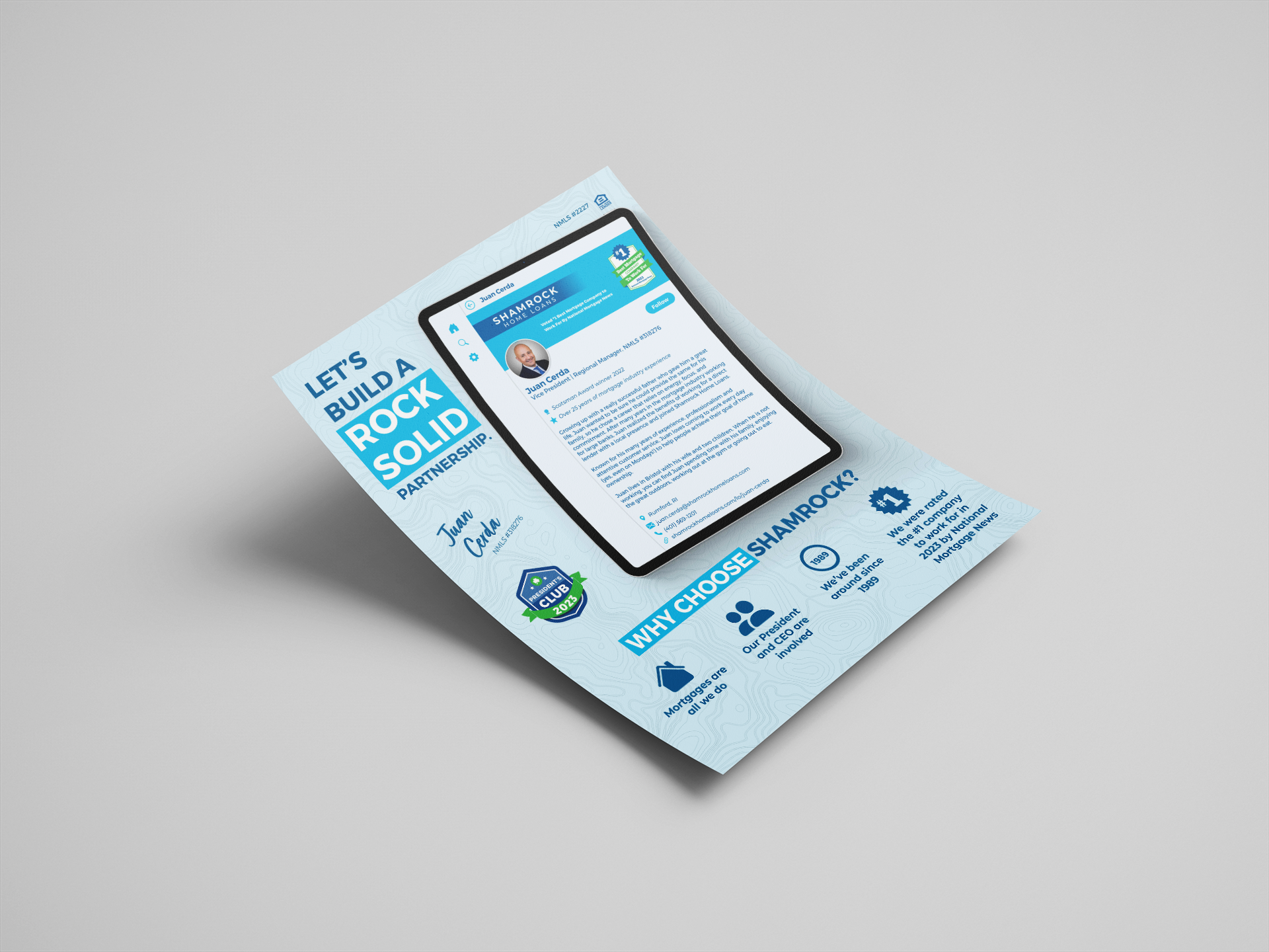 Mockup of a loan officer biography flyer design. This one features an iPad that has the loan officer's biography
