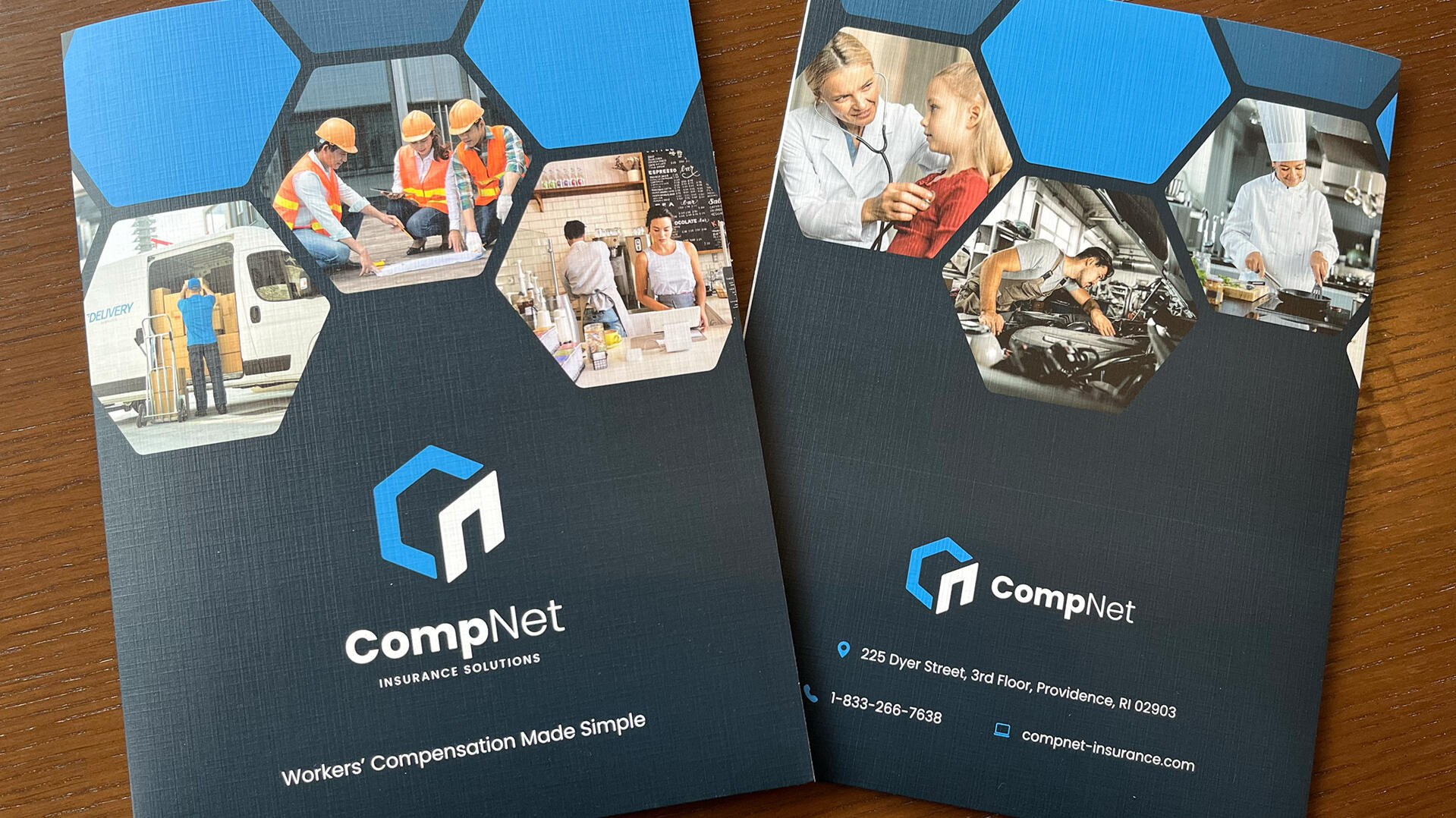 Dark blue folders for CompNet featuring photos of people in various professions and the new logo
