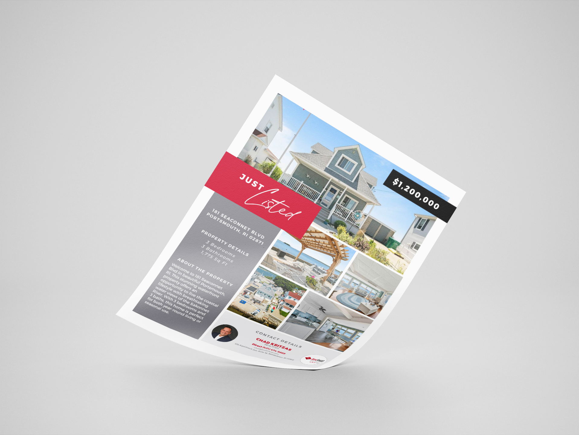 Mockup of a just listed flyer. This was done for HomeSmart and Shamrock to advertise a home for sale and features images of the property and information